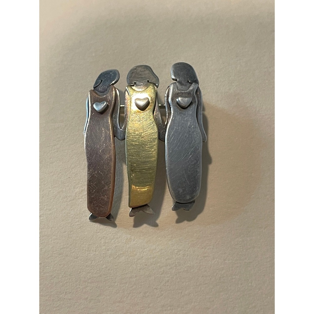 Vintage Far Fetched Brooch Handcrafted 3 Sisters: Sterling Silver, Brass, Copper